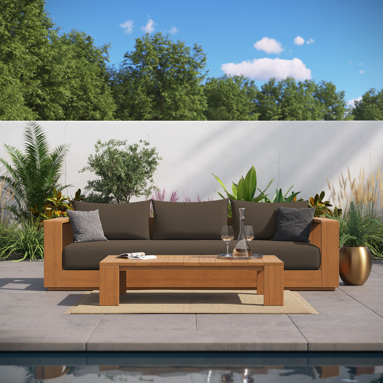 Tahlor 2-Piece Alfresco Acacia Wood Sofa and Coffee Table Set, Natural Wood & Cocoa
