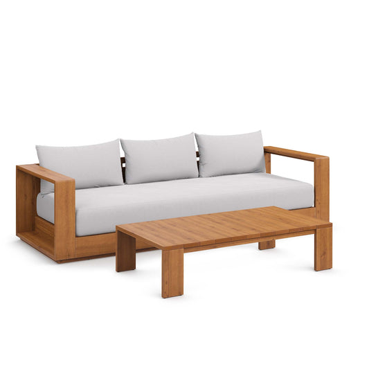 Tahlor 2-Piece Alfresco Acacia Wood Sofa and Coffee Table Set, Natural Wood & Light Gray