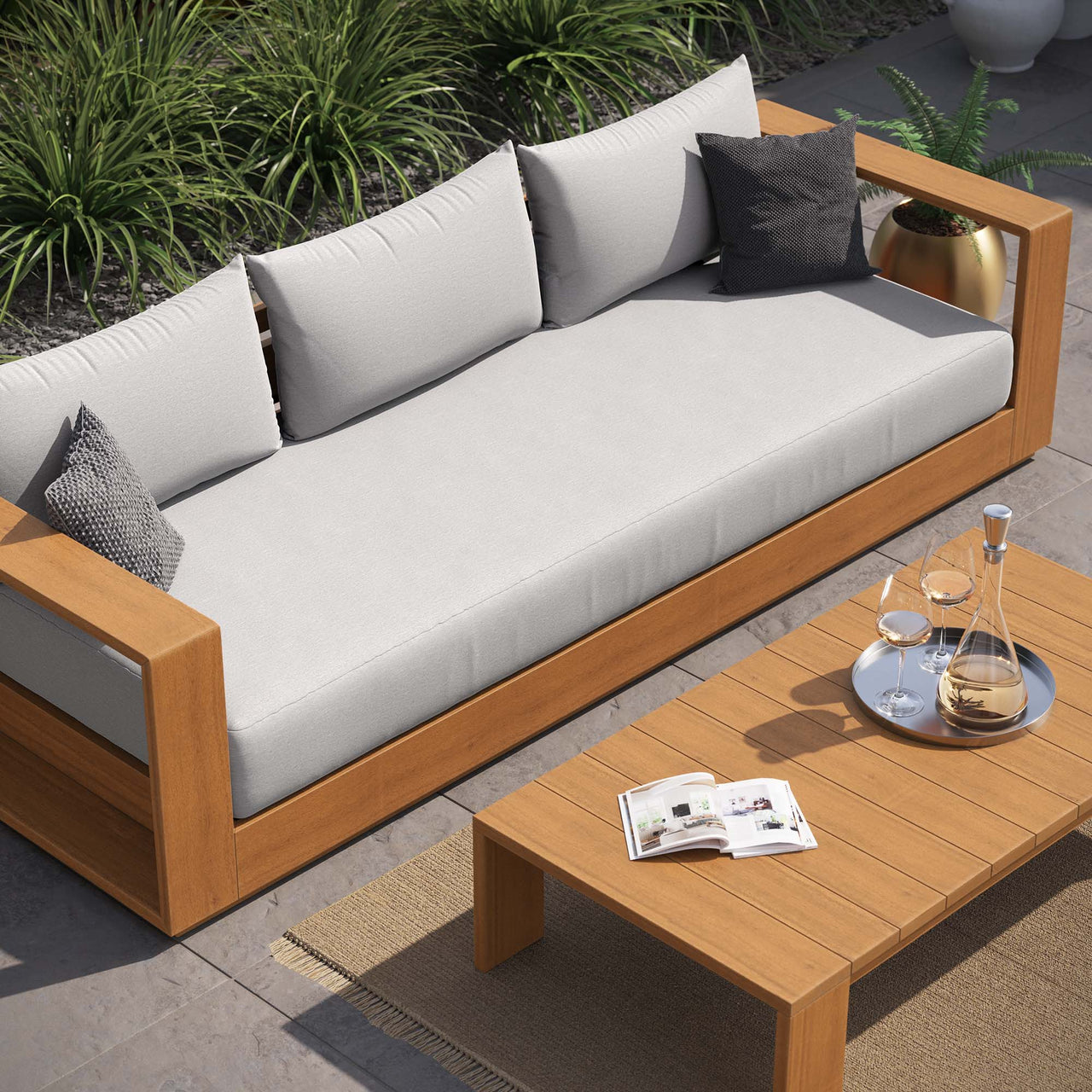 Tahlor 2-Piece Alfresco Acacia Wood Sofa and Coffee Table Set, Natural Wood & Light Gray