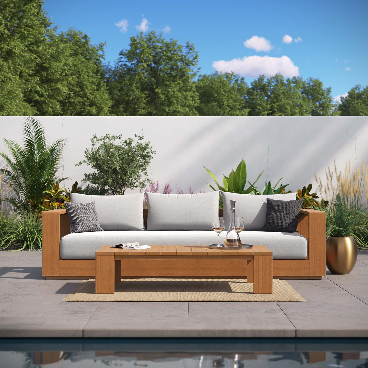 Tahlor 2-Piece Alfresco Acacia Wood Sofa and Coffee Table Set, Natural Wood & Light Gray