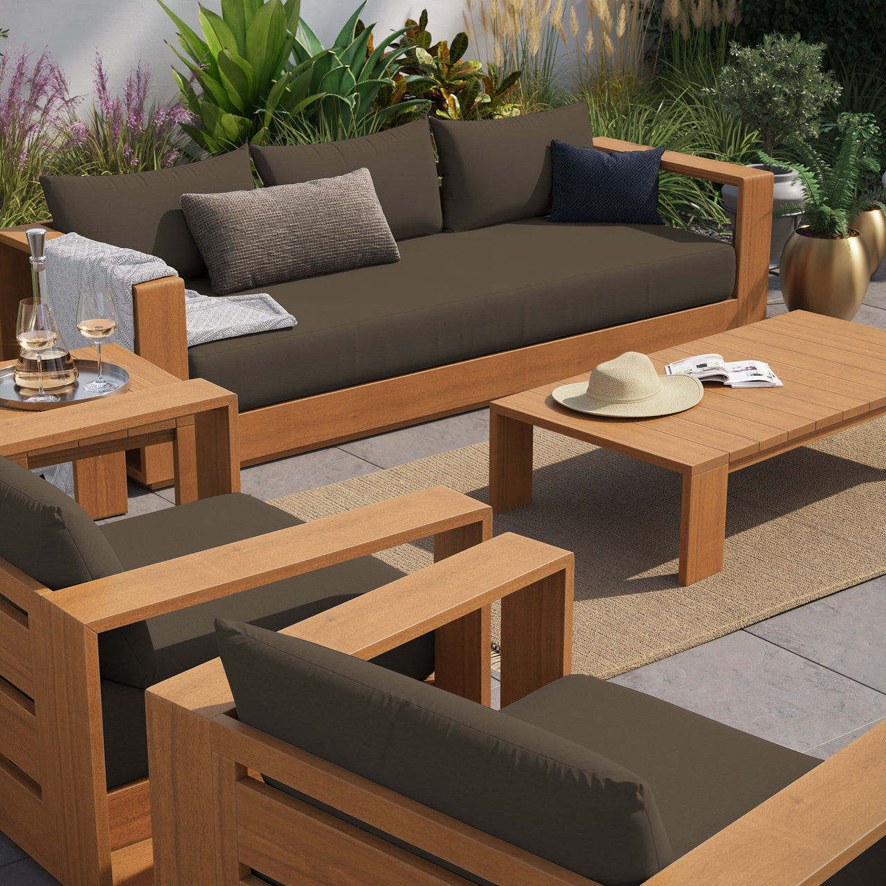 Tahlor 5-Piece Alfresco Acacia Wood Furniture Set, Natural Wood & Cocoa