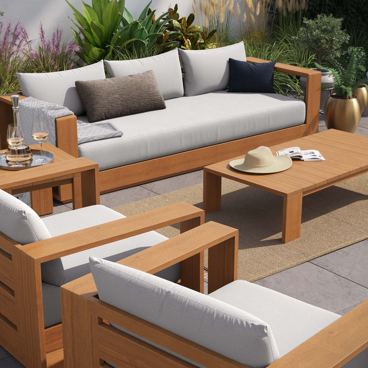 Tahlor 5-Piece Alfresco Acacia Wood Furniture Set, Natural Wood & Light Gray