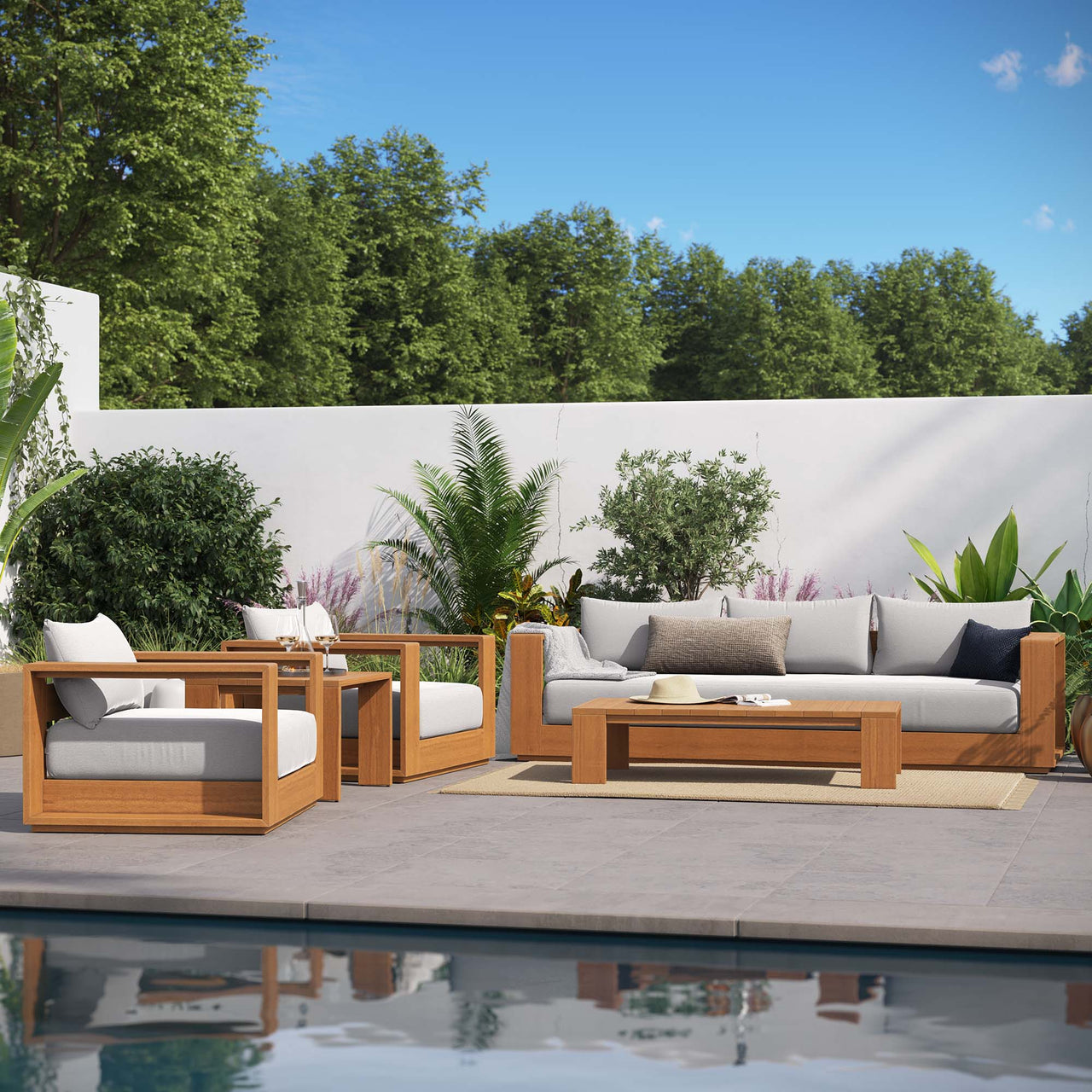 Tahlor 5-Piece Alfresco Acacia Wood Furniture Set, Natural Wood & Light Gray