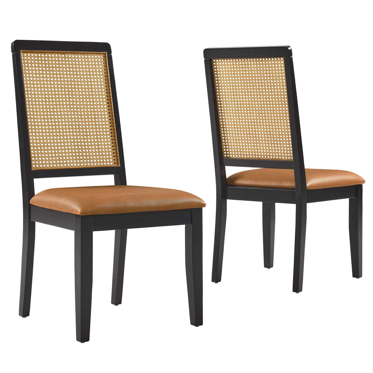 Thorne Upholstered Eco-Leather Dining Chair Set of 2, Black, Natural Wood and Tan