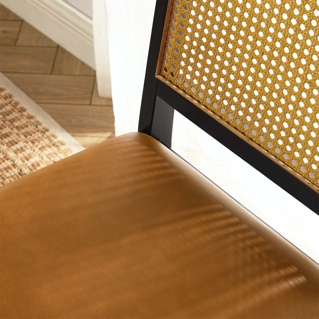 Thorne Upholstered Eco-Leather Dining Chair Set of 2, Black, Natural Wood and Tan