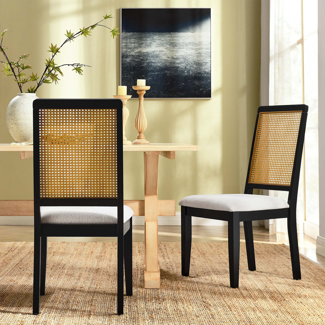 Thorne Upholstered Dining Chair Set of 2, Black & Natural Wood