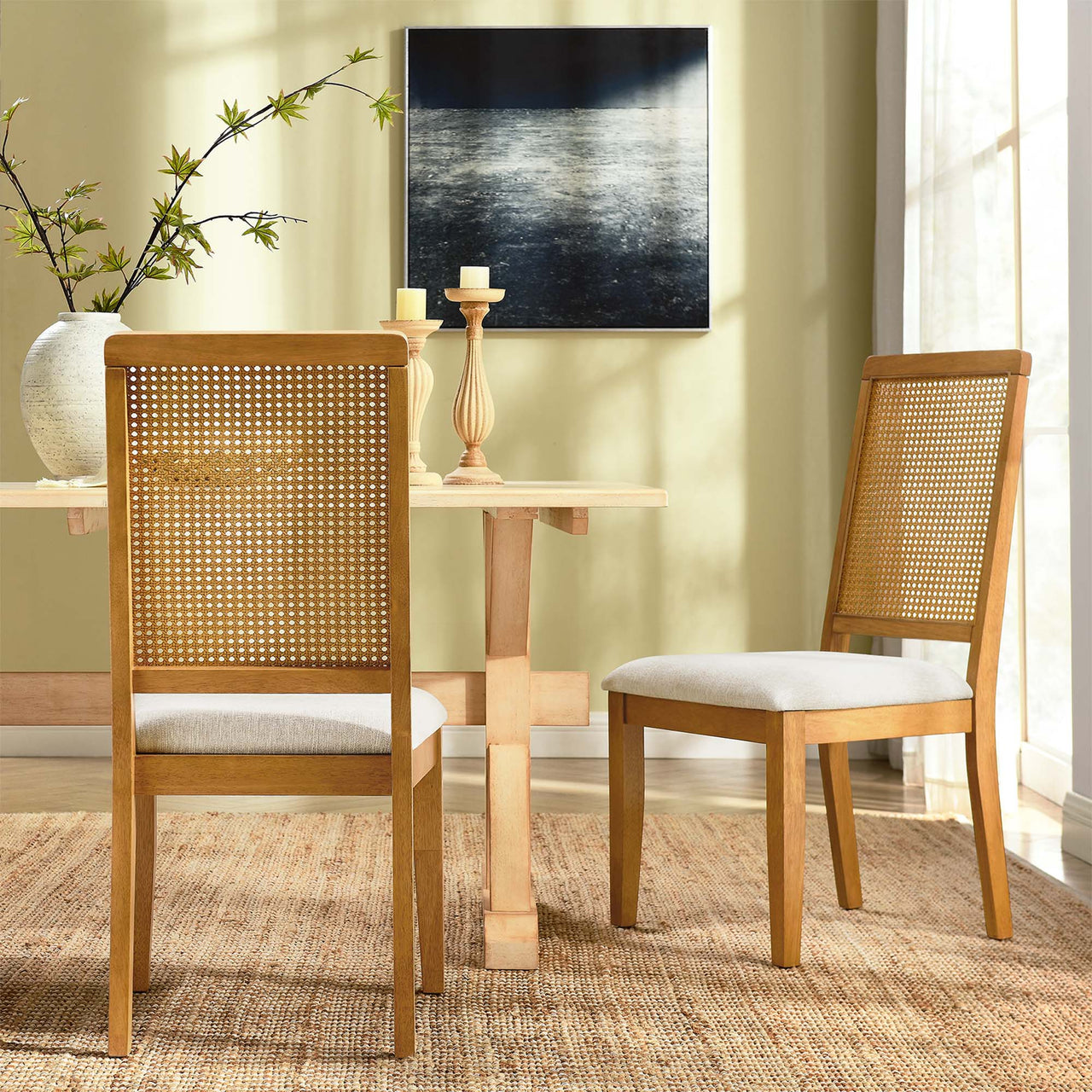 Thorne Upholstered Dining Chair Set of 2, Natural Wood & Light Beige