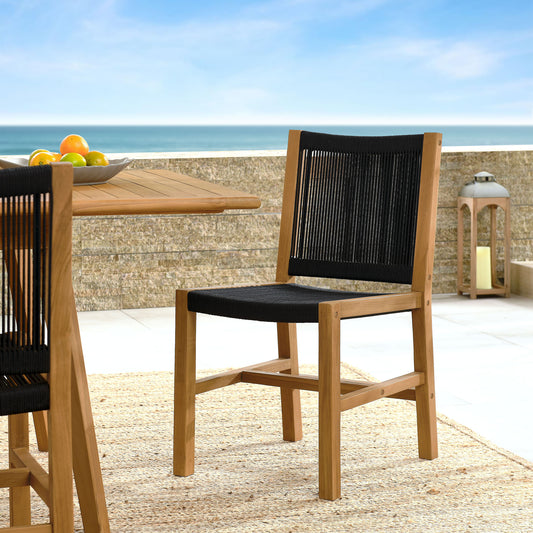 Alvierra Alfresco Teak and Rope Armless Dining Chair Set of 2, Natural Wood & Black
