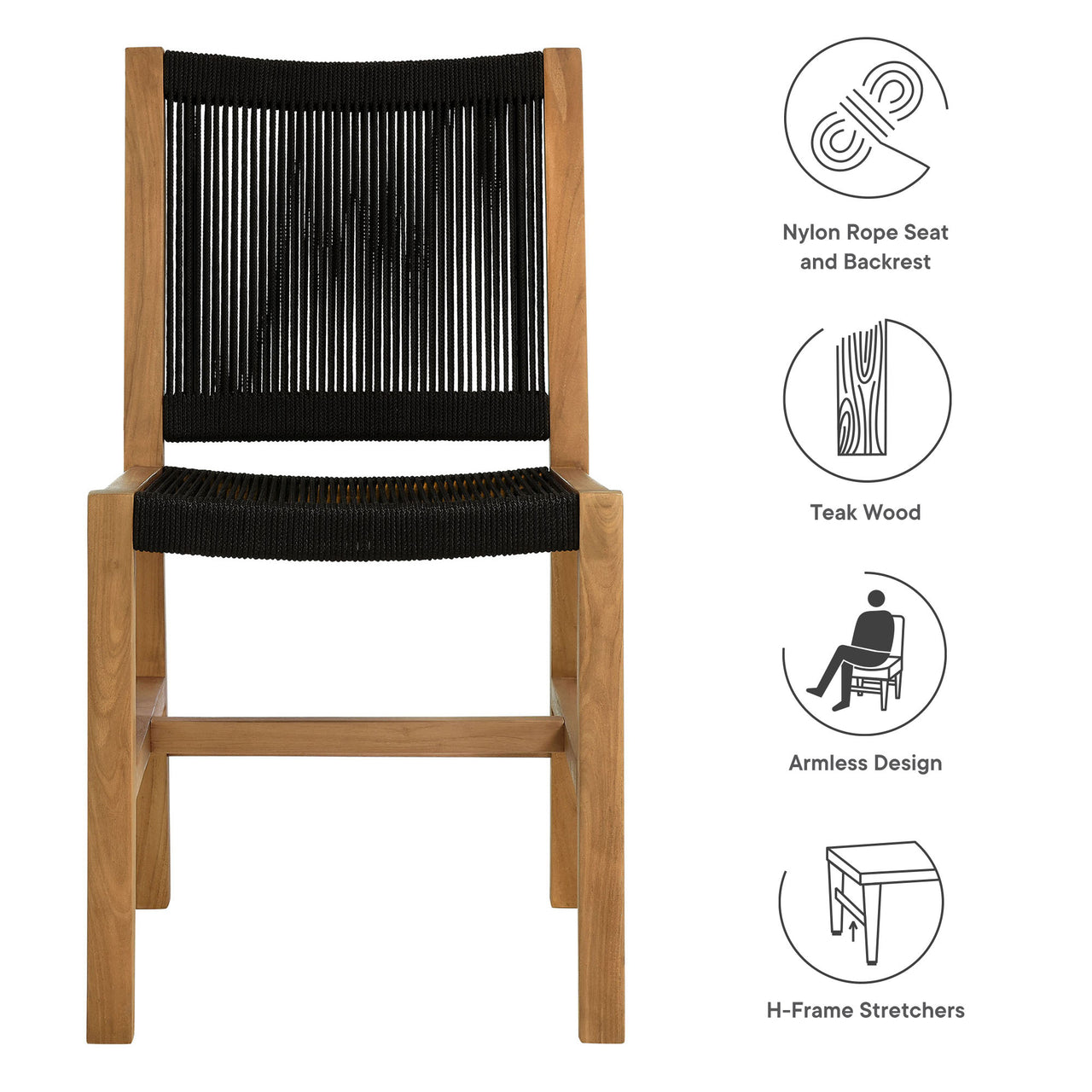 Alvierra Alfresco Teak and Rope Armless Dining Chair Set of 2, Natural Wood & Black