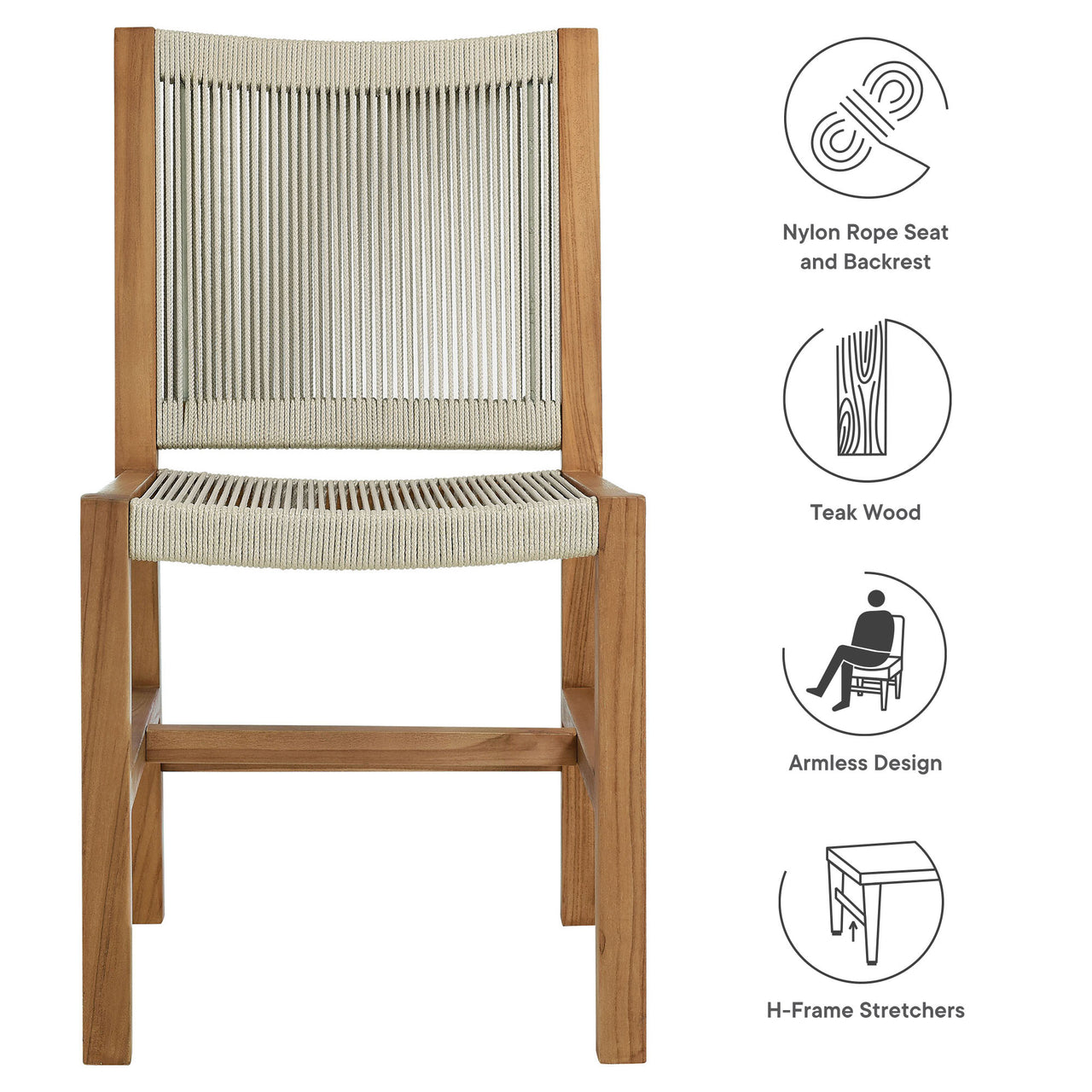 Alvierra Alfresco Teak and Rope Armless Dining Chair Set of 2, Natural Wood