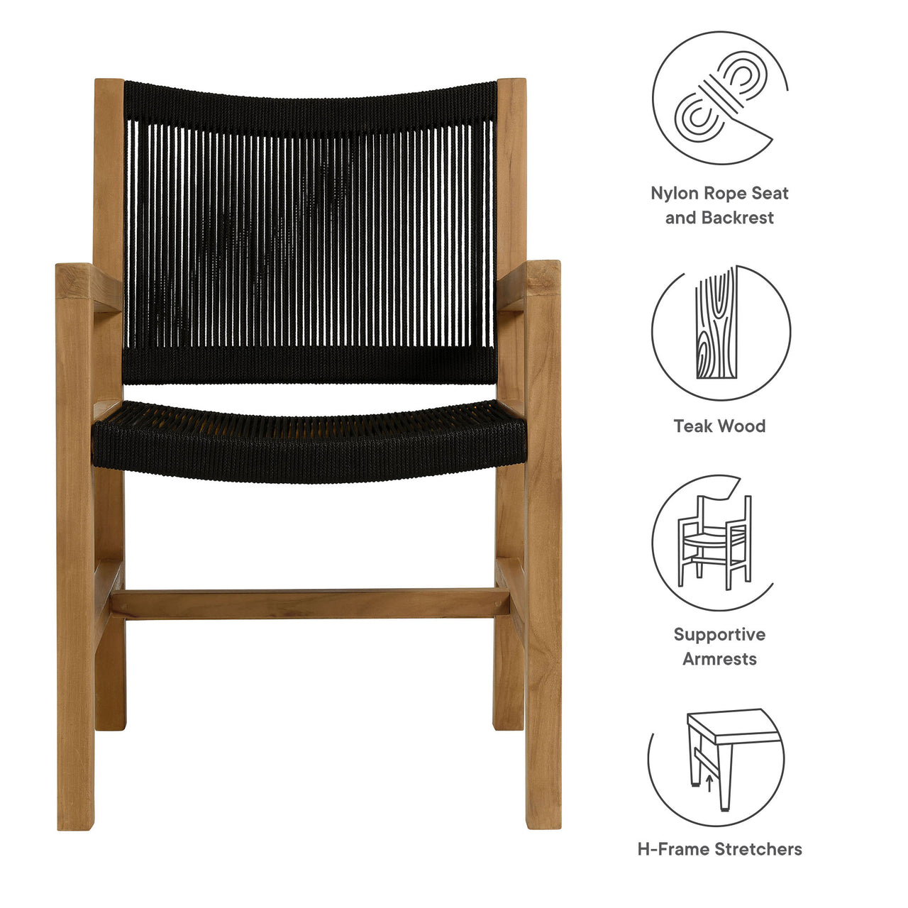 Alvierra Alfresco Teak and Rope Dining Armchairs Set of 2, Natural Wood & Black
