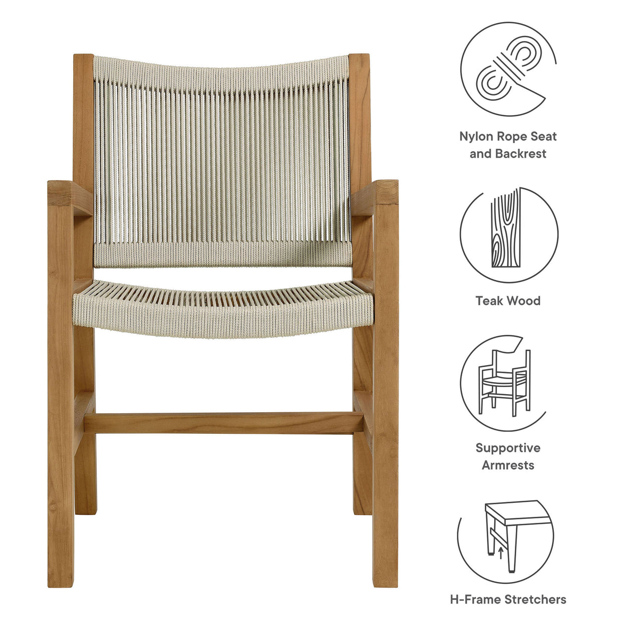 Alvierra Alfresco Teak and Rope Dining Armchairs Set of 2, Natural Wood