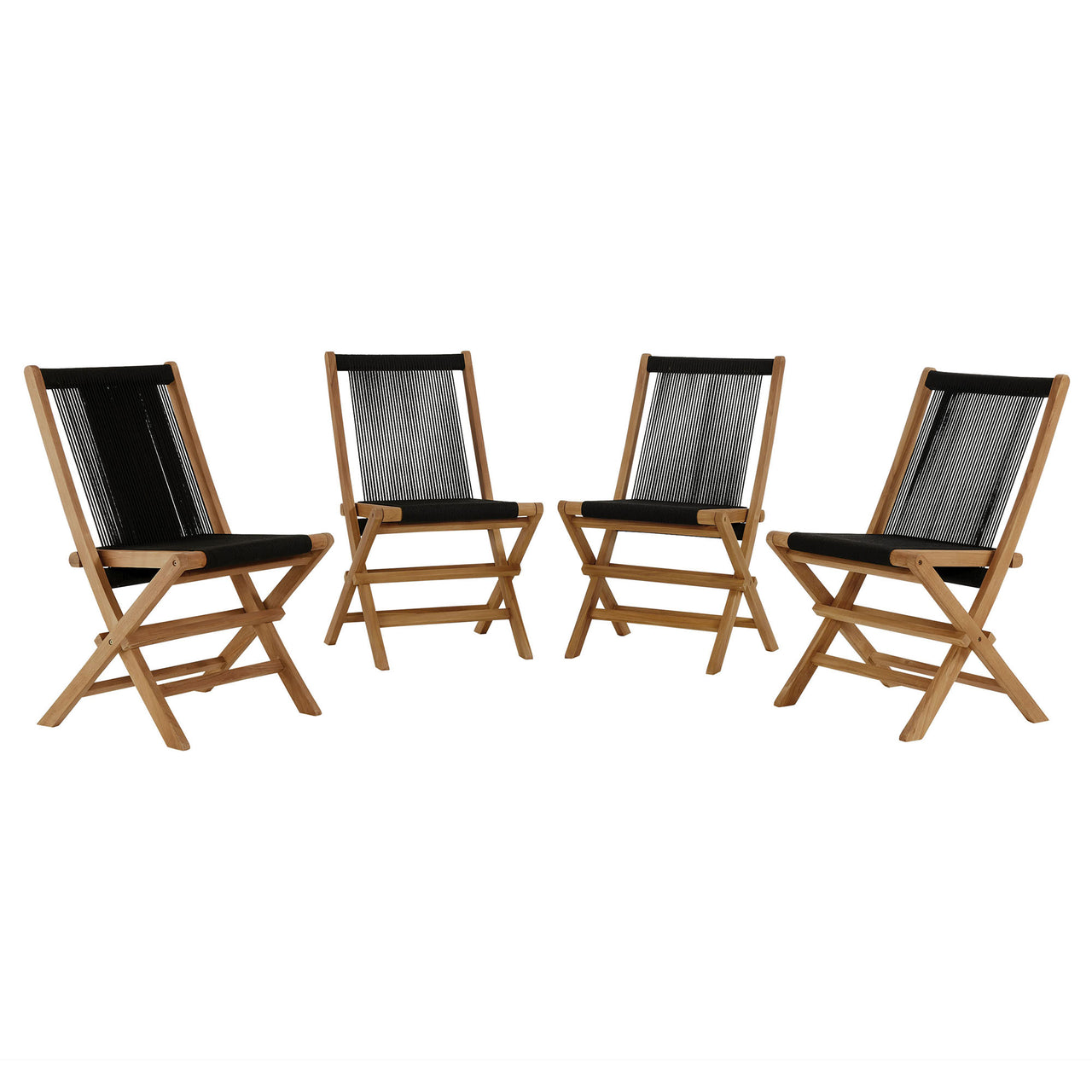 Alvierra Alfresco Teak and Rope Folding Chairs Set of 4, Natural Wood & Black