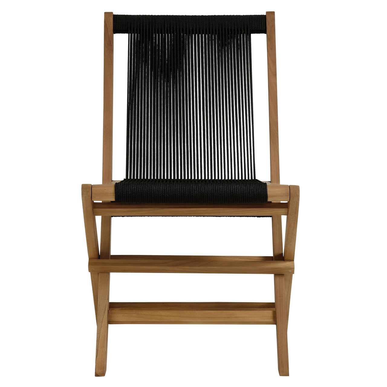 Alvierra 2-Piece Alfresco Teak and Rope Folding Accent Lounge Chair and Ottoman Set, Natural Wood & Black