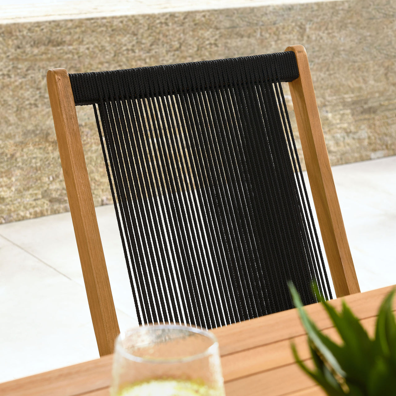 Alvierra Alfresco Teak and Rope Folding Chairs Set of 4, Natural Wood & Black