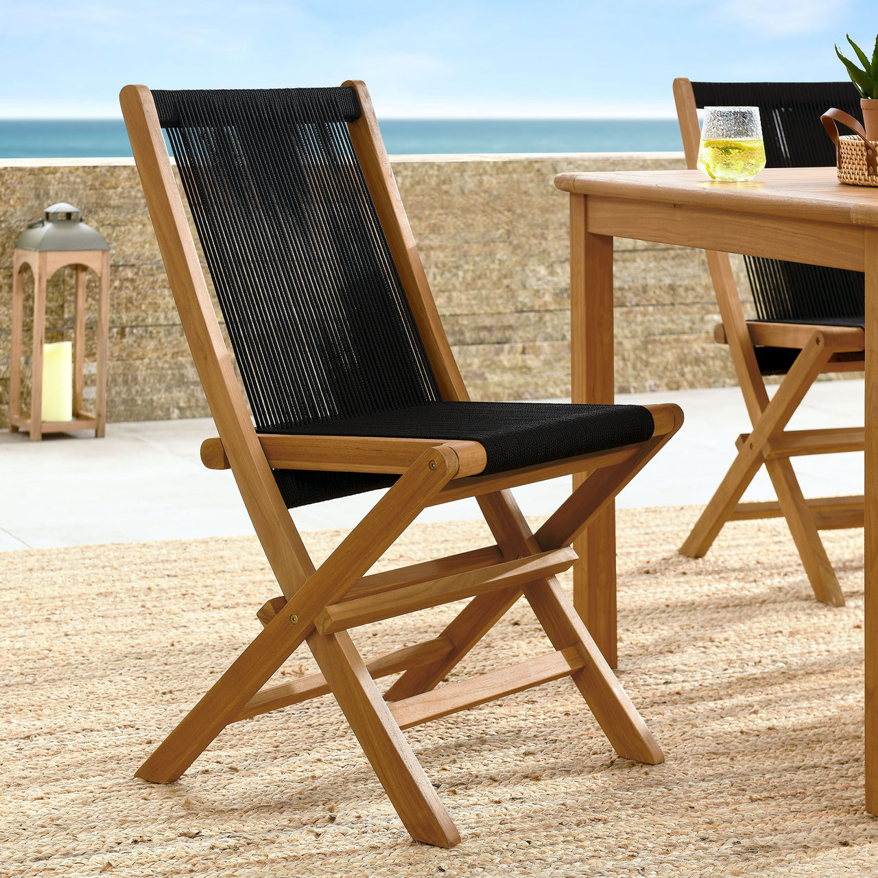 Alvierra Alfresco Teak and Rope Folding Chairs Set of 4, Natural Wood & Black