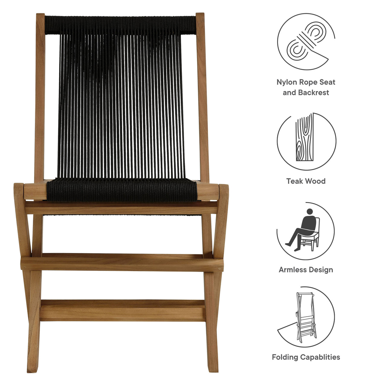 Alvierra Alfresco Teak and Rope Folding Chairs Set of 4, Natural Wood & Black