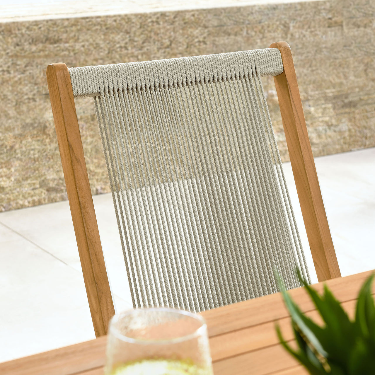 Alvierra Alfresco Teak and Rope Folding Chairs Set of 4, Natural Wood