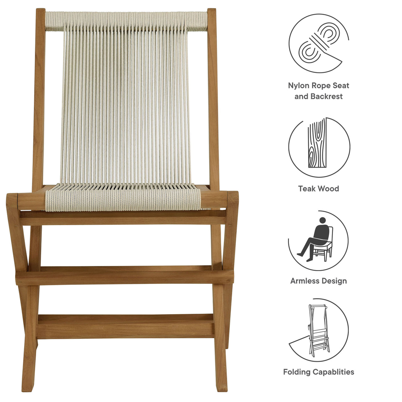 Alvierra Alfresco Teak and Rope Folding Chairs Set of 4, Natural Wood