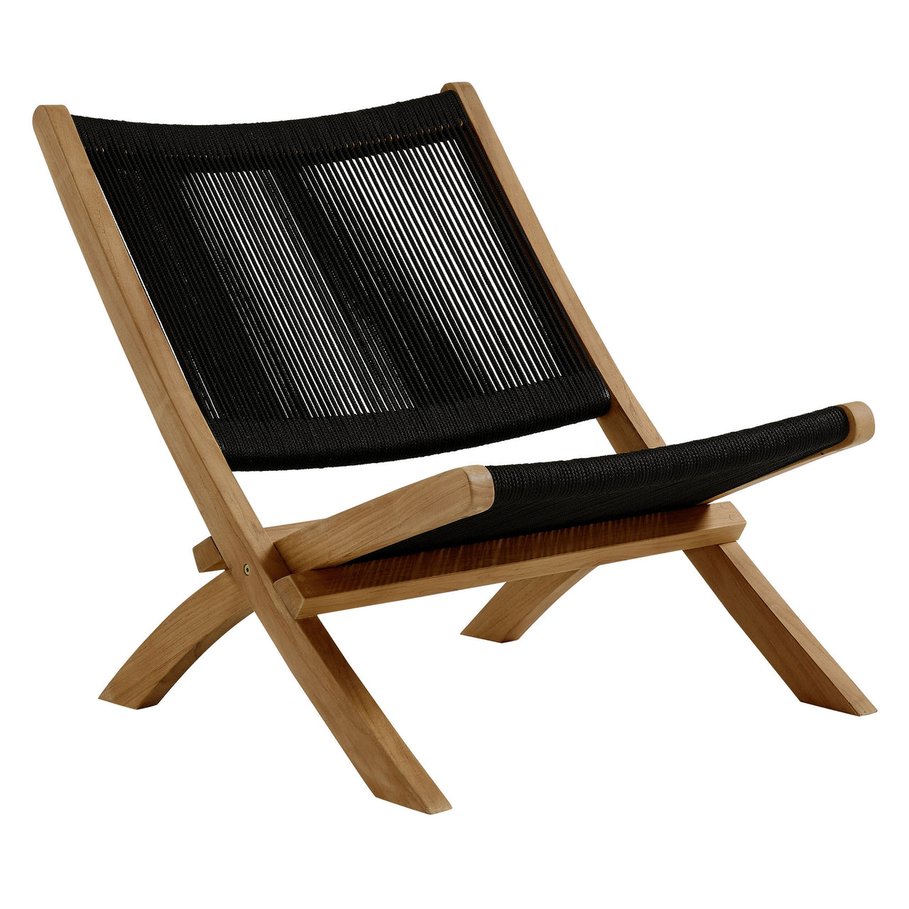 Alvierra 3-Piece Alfresco Teak and Rope Folding Lounge Chairs and Side Table, Natural Wood & Black