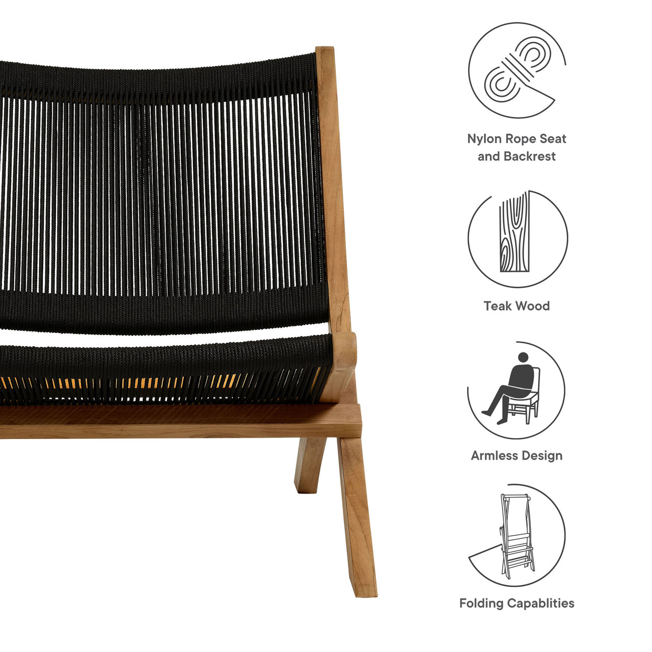 Alvierra Alfresco Teak and Rope Folding Accent Lounge Chair, Natural Wood & Black