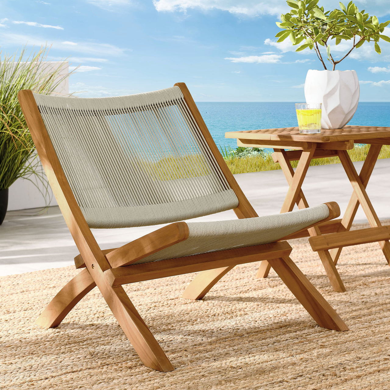 Alvierra Alfresco Teak and Rope Folding Accent Lounge Chair, Natural Wood