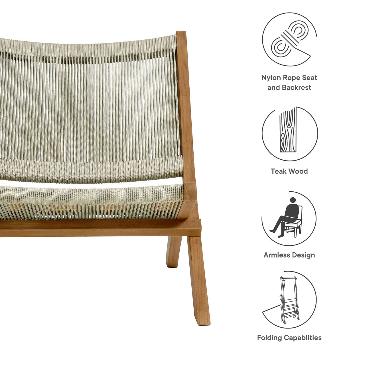 Alvierra Alfresco Teak and Rope Folding Accent Lounge Chair, Natural Wood