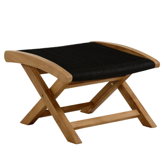 Alvierra Alfresco Teak and Rope Folding Ottoman, Natural Wood & Black