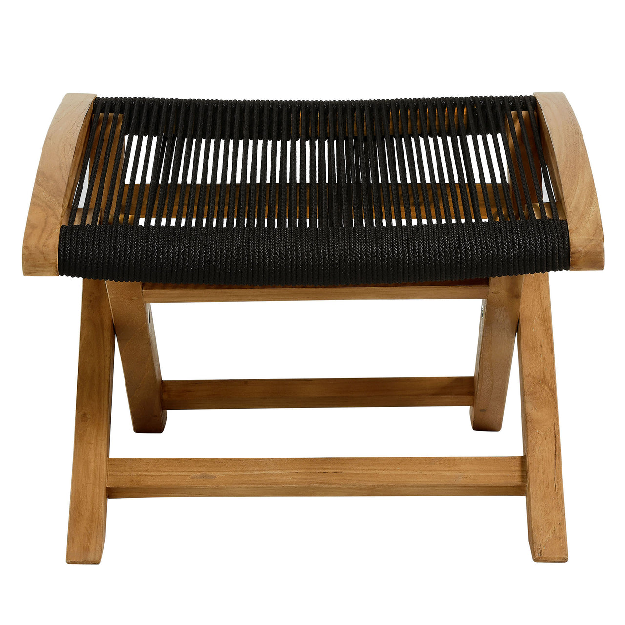 Alvierra Alfresco Teak and Rope Folding Ottoman, Natural Wood & Black
