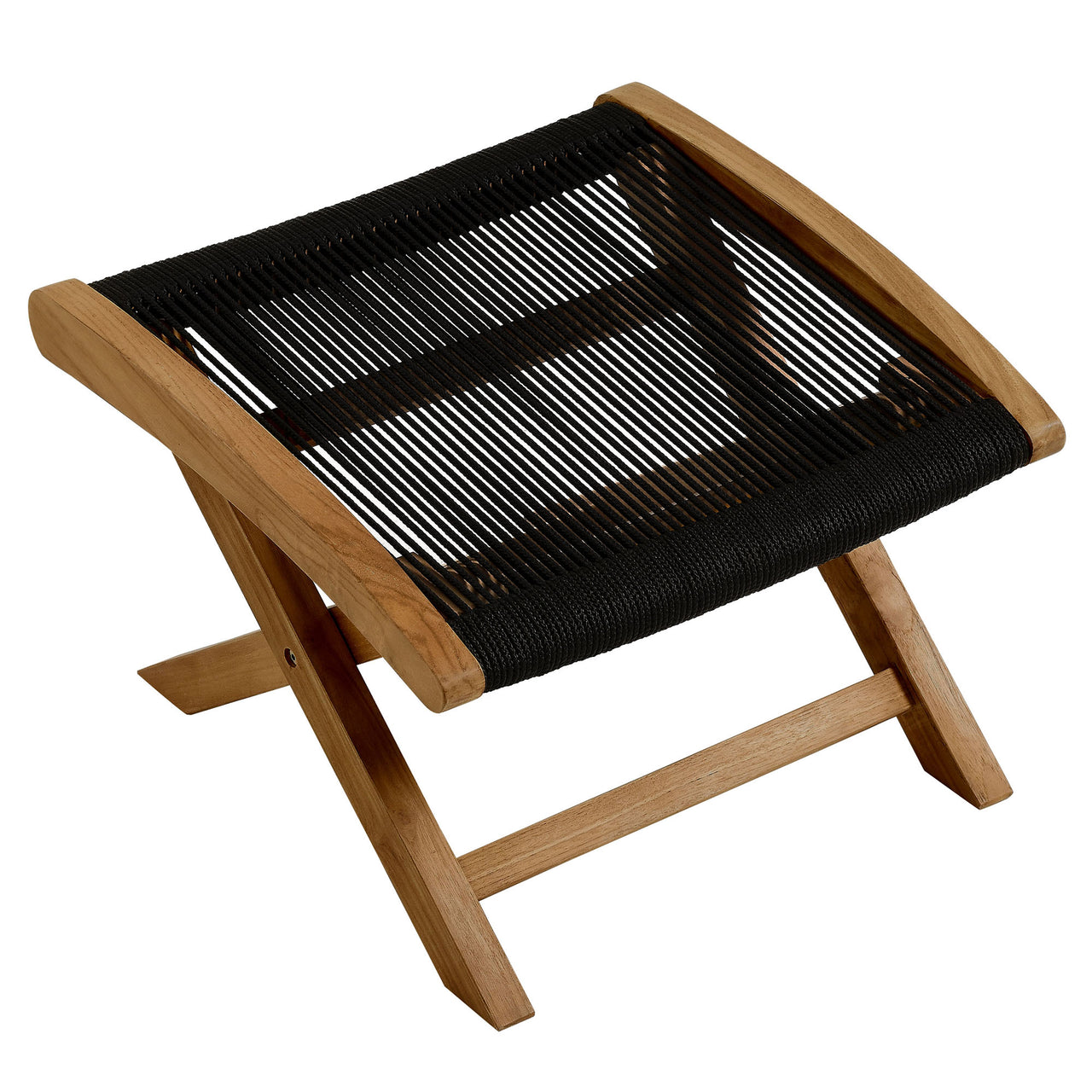 Alvierra Alfresco Teak and Rope Folding Ottoman, Natural Wood & Black