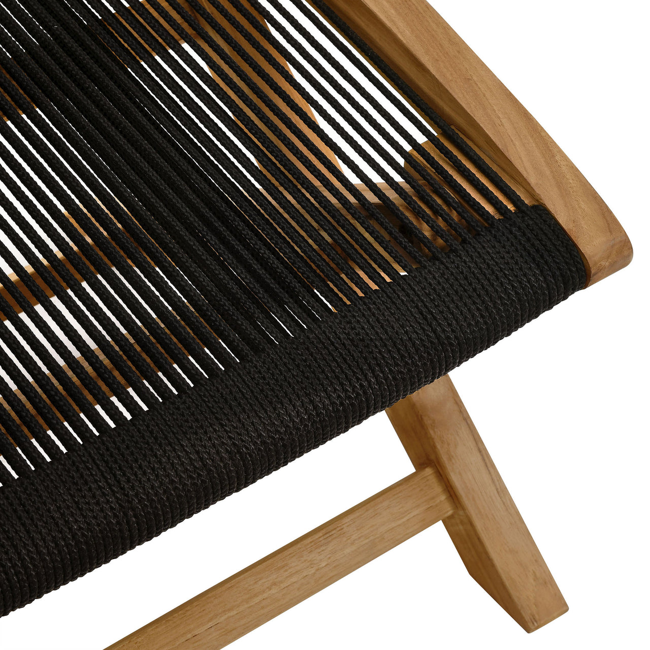 Alvierra Alfresco Teak and Rope Folding Ottoman, Natural Wood & Black