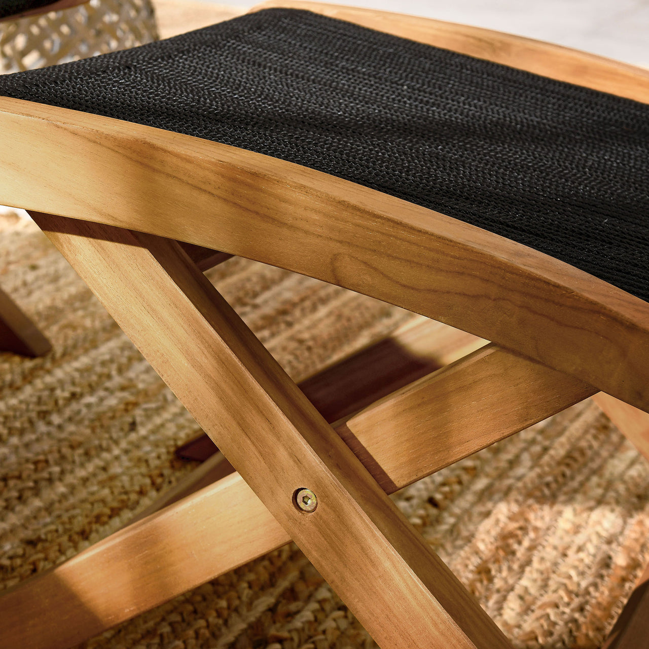 Alvierra Alfresco Teak and Rope Folding Ottoman, Natural Wood & Black