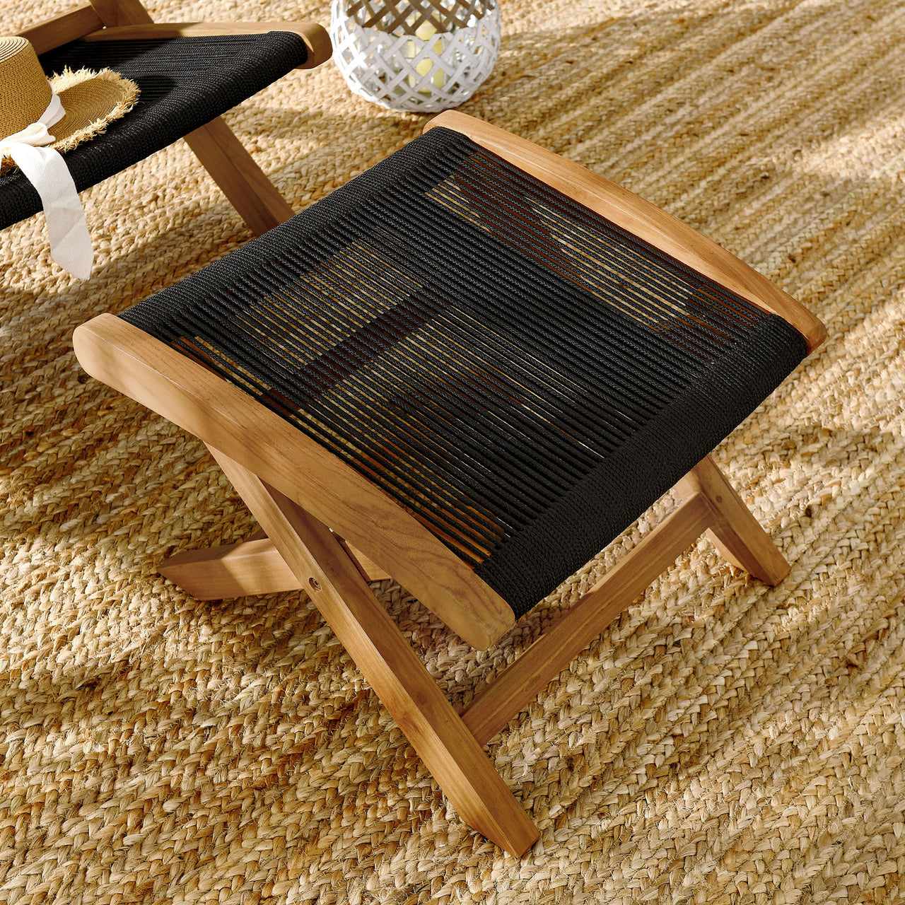 Alvierra Alfresco Teak and Rope Folding Ottoman, Natural Wood & Black