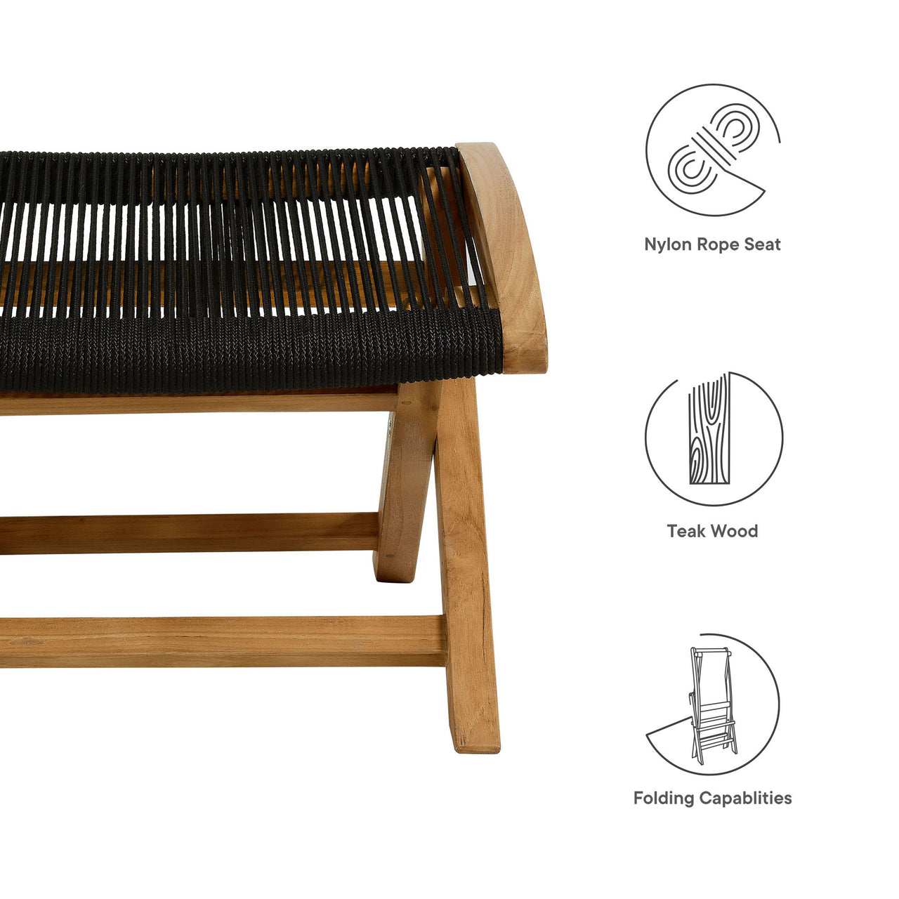 Alvierra Alfresco Teak and Rope Folding Ottoman, Natural Wood & Black