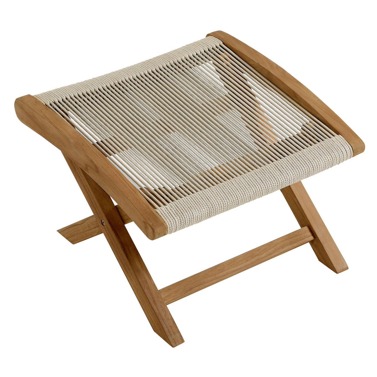 Alvierra Alfresco Teak and Rope Folding Ottoman, Natural Wood