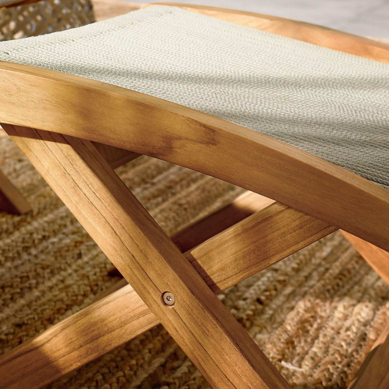 Alvierra Alfresco Teak and Rope Folding Ottoman, Natural Wood