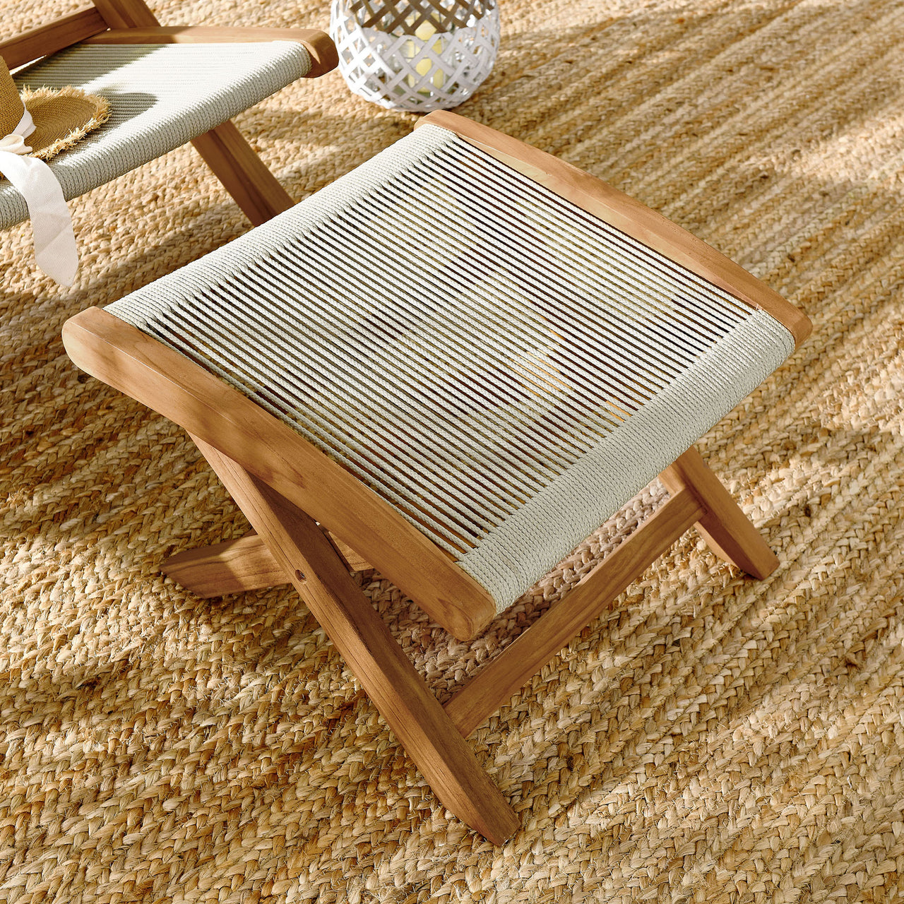 Alvierra Alfresco Teak and Rope Folding Ottoman, Natural Wood