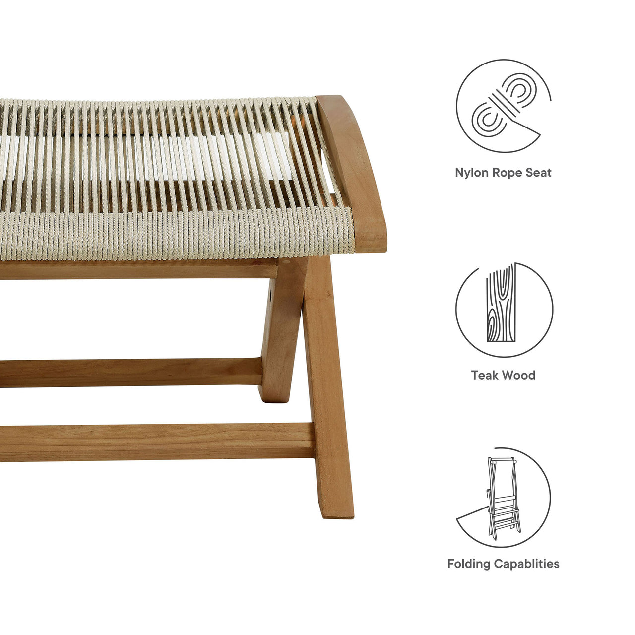 Alvierra Alfresco Teak and Rope Folding Ottoman, Natural Wood
