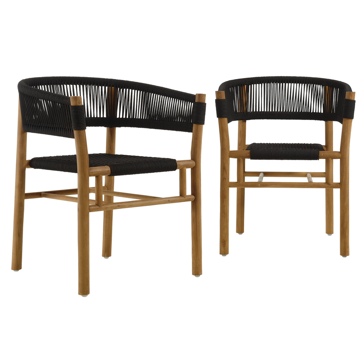 Alvierra Alfresco Teak and Rope Curved-Back Dining Armchairs Set of 2, Natural Wood & Black
