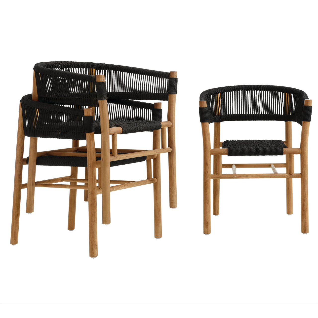 Alvierra Alfresco Teak and Rope Curved-Back Dining Armchairs Set of 2, Natural Wood & Black