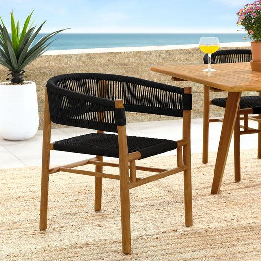 Alvierra Alfresco Teak and Rope Curved-Back Dining Armchairs Set of 2, Natural Wood & Black