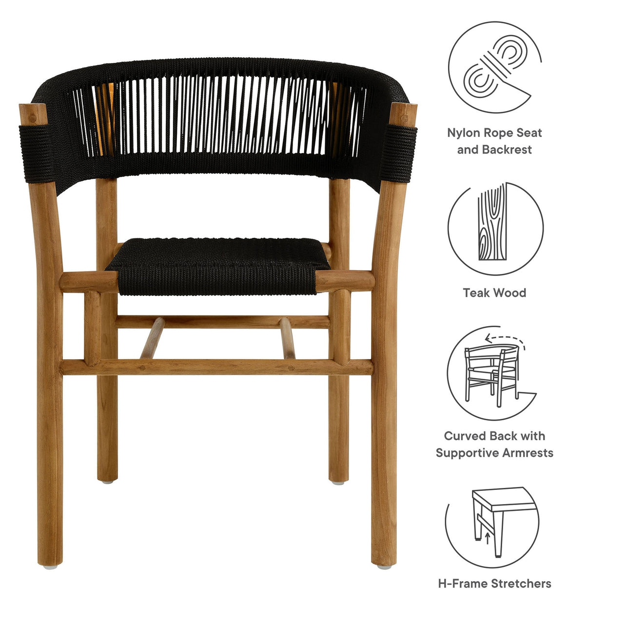 Alvierra Alfresco Teak and Rope Curved-Back Dining Armchairs Set of 2, Natural Wood & Black