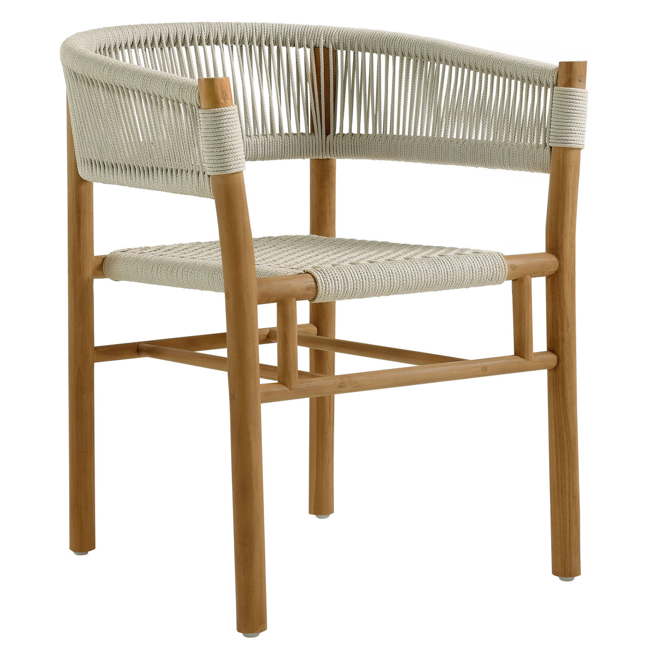 Alvierra 5-Piece Alfresco Teak and Rope Dining Set with Curved-Back Armchairs, Natural Wood