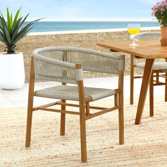 Alvierra Alfresco Teak and Rope Curved-Back Dining Armchairs Set of 2, Natural Wood