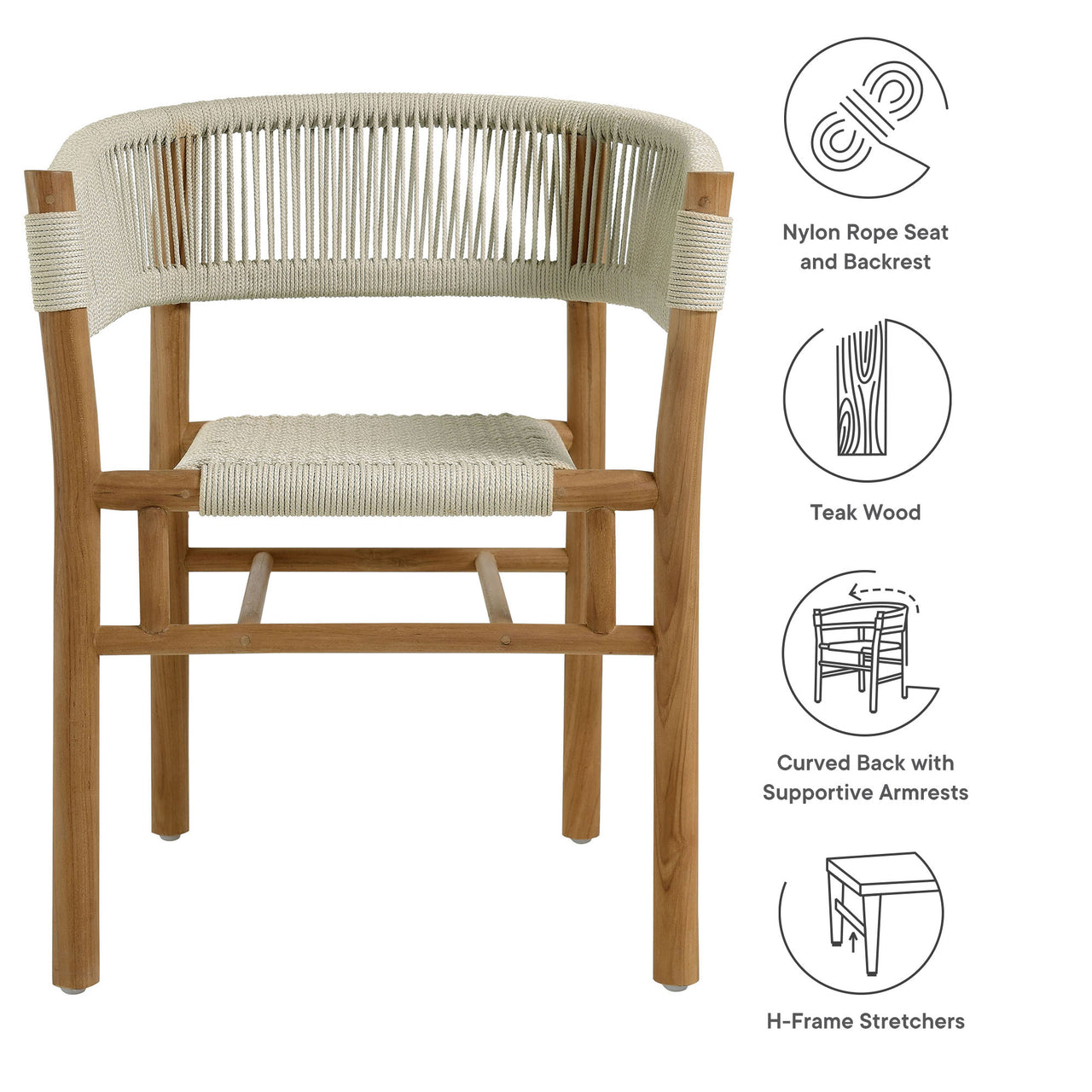 Alvierra Alfresco Teak and Rope Curved-Back Dining Armchairs Set of 2, Natural Wood