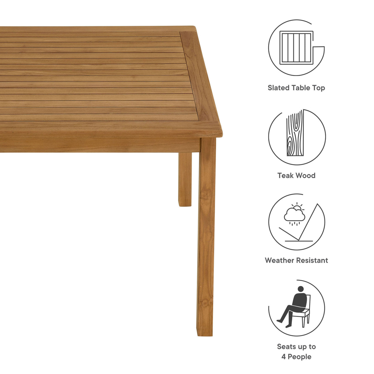 Alvierra Square Alfresco Teak Dining Table, Small, Natural Wood