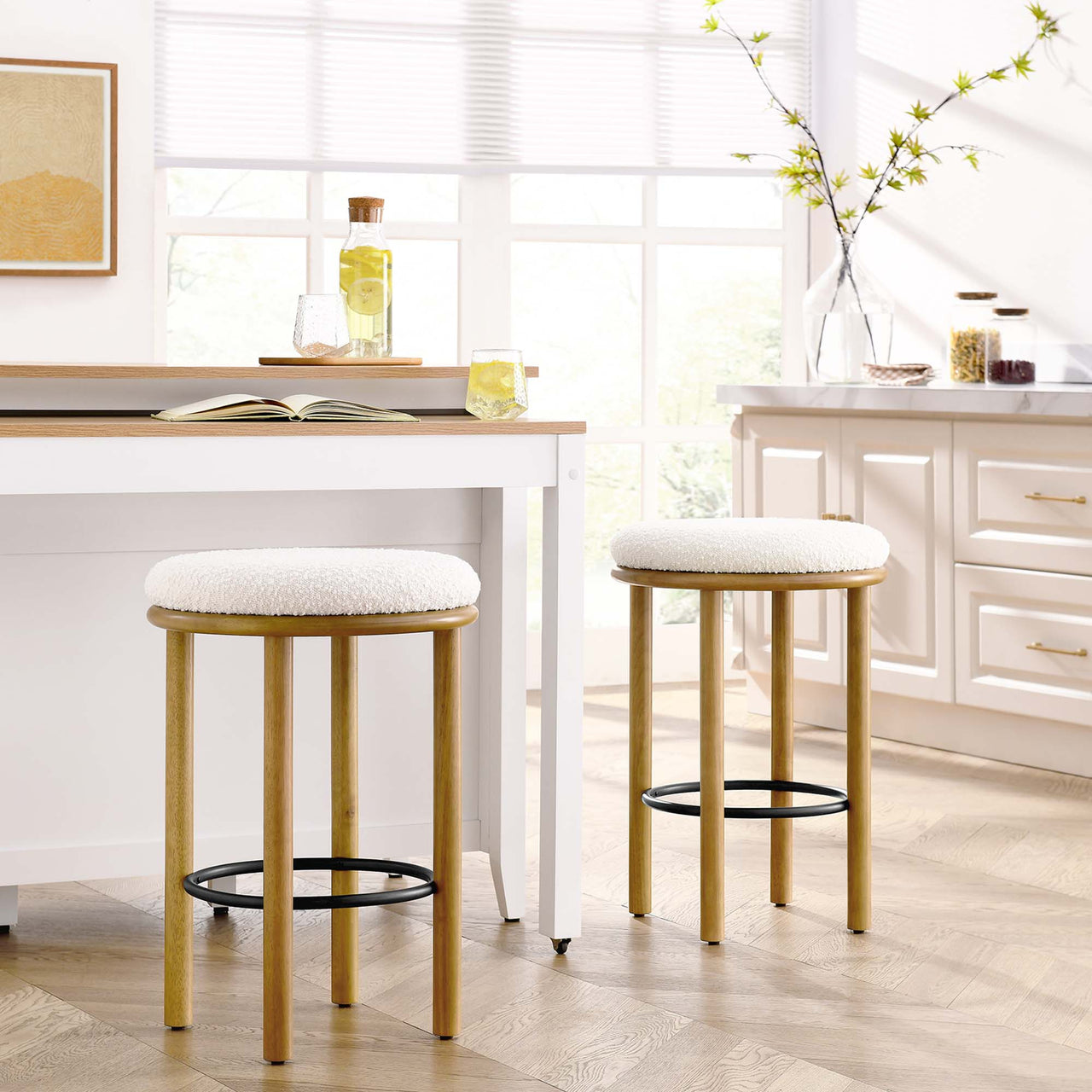 Myla Upholstered Counter Stools Set of 2, Oak & Ivory