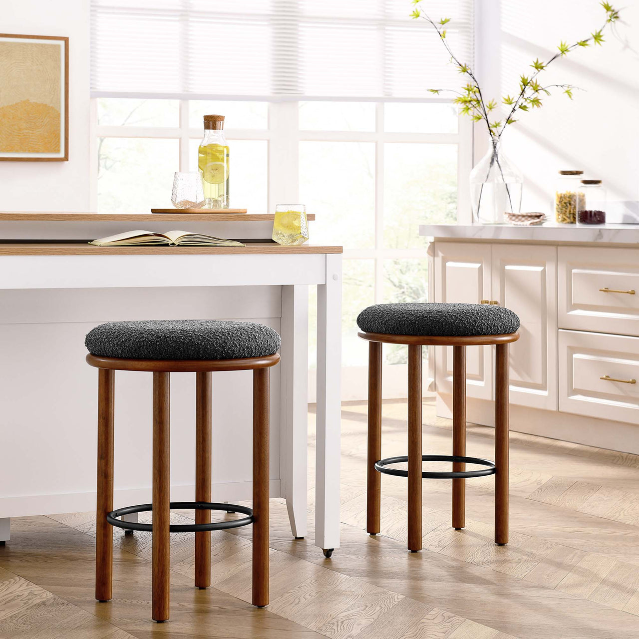 Myla Upholstered Counter Stools Set of 2, Walnut & Charcoal