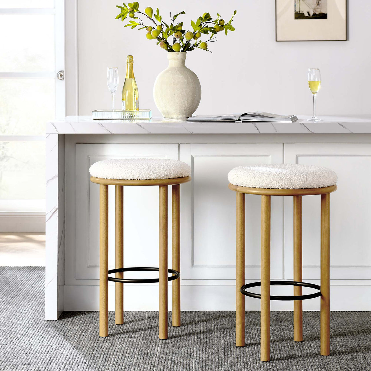 Myla Upholstered Bar Stools Set of 2, Oak & Ivory