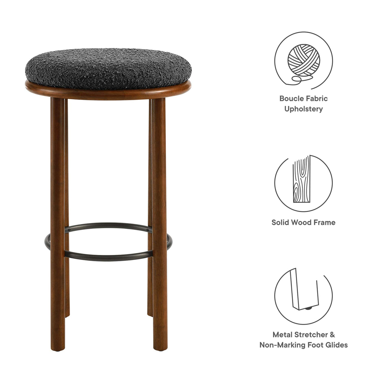 Fable Boucle Fabric Bar Stools Set of 2, Walnut & Charcoal